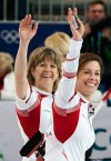 NATHAN DENETTE / THE CANADIAN PRESS
Canada second Carolyn Darbyshire (left) and skip Cheryl Bernard acknowledge the roars after thumping Sweden on Monday.