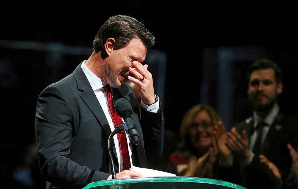 ROSS D. FRANKLIN / THE ASSOCIATED PRESS
Former Arizona Coyotes hockey captain Shane Doan gets emotional as he speaks during his jersey retirement ceremony prior to an NHL hockey game against the Winnipeg Jets Sunday, Feb. 24, 2019, in Glendale, Ariz.