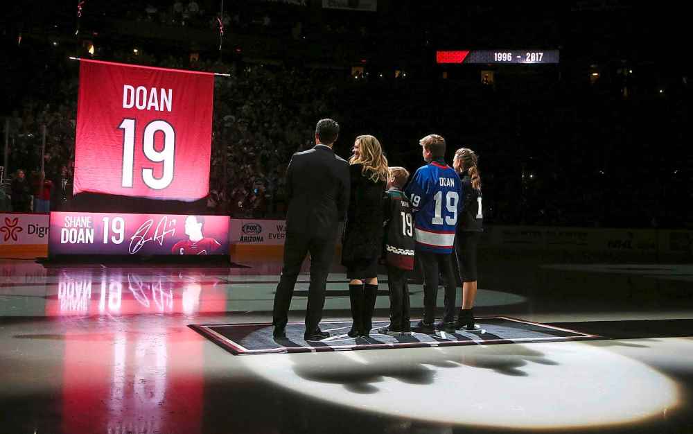 ROSS D. FRANKLIN / THE ASSOCIATED PRESS
From left to right Shane Doan, left, wife Andrea Doan, children Carson Doan, Josh Doan, and Karys Doan, watch as the Arizona Coyotes retire Shane's jersey during a ceremony prior to an NHL hockey game against the Winnipeg Jets Sunday, Feb. 24, 2019, in Glendale, Ariz.