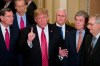 Sen. John Barrasso, R-Wyo., left, and Sen. John Thune, R-S.D., stand with President Donald Trump, Vice President Mike Pence, Sen. Roy Blunt, R-Mo., and Senate Majority Leader Mitch McConnell of Ky., as Trump speaks while departing after a Senate Republican Policy luncheon, on Capitol Hill in Washington, Wednesday, Jan. 9, 2019. (AP Photo/Alex Brandon)