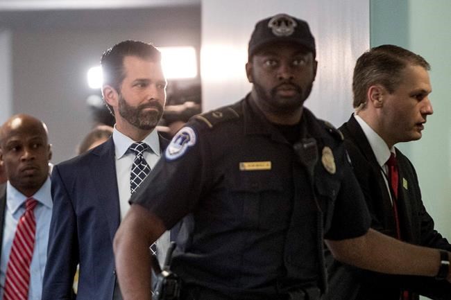 Donald Trump Jr., the son of President Donald Trump, arrives to meet privately with members of the Senate Intelligence Committee on Capitol Hill in Washington, Wednesday, June 12, 2019. (AP Photo/Andrew Harnik)