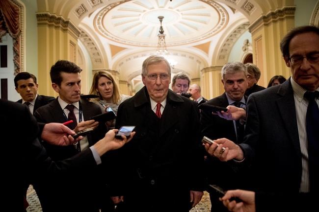 Senate Majority Leader Mitch McConnell of Ky., leaves for the day after two Senate bills to ending the partial government shutdown fail on Capitol Hill in Washington, Thursday, Jan. 24, 2019. (AP Photo/Andrew Harnik)