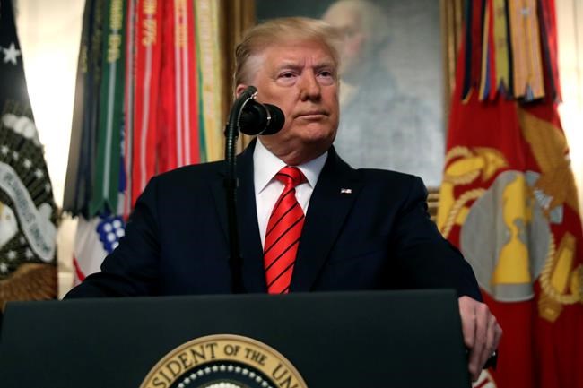 President Donald Trump speaks in the Diplomatic Room of the White House in Washington, Sunday, Oct. 27, 2019. (AP Photo/Andrew Harnik)