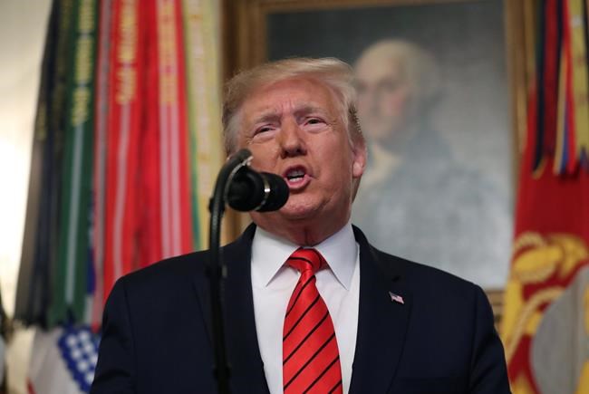 President Donald Trump speaks in the Diplomatic Room of the White House in Washington, Sunday, Oct. 27, 2019. (AP Photo/Andrew Harnik)