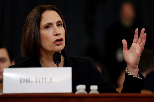 Former White House national security aide Fiona Hill testifies before the House Intelligence Committee on Capitol Hill in Washington, Thursday, Nov. 21, 2019, during a public impeachment hearing of President Donald Trump's efforts to tie U.S. aid for Ukraine to investigations of his political opponents. (AP Photo/Andrew Harnik)