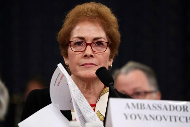 Former U.S. Ambassador to Ukraine Marie Yovanovitch testifies before the House Intelligence Committee on Capitol Hill in Washington, Friday, Nov. 15, 2019, during the second public impeachment hearing of President Donald Trump's efforts to tie U.S. aid for Ukraine to investigations of his political opponents. (AP Photo/Andrew Harnik)