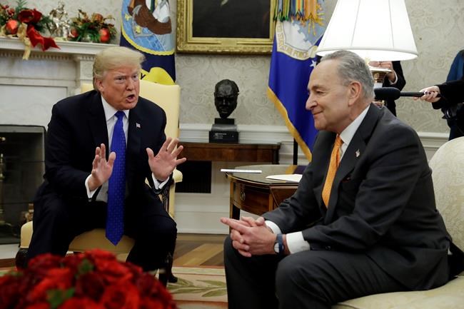 President Donald Trump meets with Senate Minority Leader Chuck Schumer, D-N.Y., right, and House Minority Leader Nancy Pelosi, D-Calif., not shown, in the Oval Office of the White House, Tuesday, Dec. 11, 2018, in Washington. (AP Photo/Evan Vucci)
