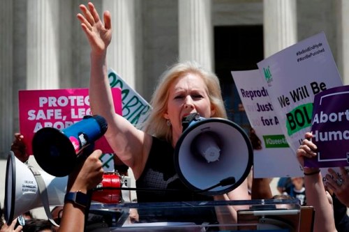 Democratic presidential candidate Sen. Kirsten Gillibrand, D-N.Y., speaks during a protest against abortion bans, Tuesday, May 21, 2019, outside the Supreme Court in Washington. A coalition of dozens of groups held a National Day of Action to Stop the Bans, with other events planned throughout the week. (AP Photo/Jacquelyn Martin)
