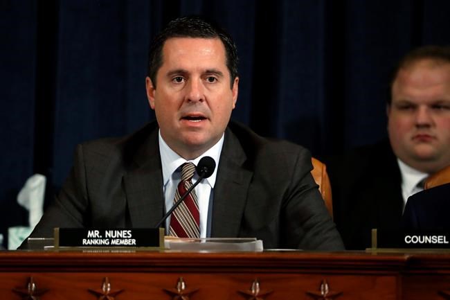 Ranking member Rep. Devin Nunes of Calif., gives his opening statement as Jennifer Williams, an aide to Vice President Mike Pence, and National Security Council aide Lt. Col. Alexander Vindman, testify before the House Intelligence Committee on Capitol Hill in Washington, Tuesday, Nov. 19, 2019, during a public impeachment hearing of President Donald Trump's efforts to tie U.S. aid for Ukraine to investigations of his political opponents. (AP Photo/Jacquelyn Martin, Pool)