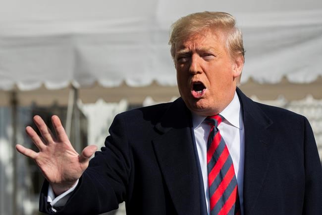 President Donald Trump talks to the media before leaving the White House, Saturday, Nov. 9, 2019, in Washington. Trump is attending the NCAA college football game between Louisiana State University and Alabama in Tuscaloosa, Ala.(AP Photo/Manuel Balce Ceneta)