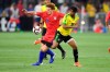 U.S. forward Josh Sargent (19) battles for the ball against Jamaica midfielder Peter Vassell (16) during the second half of an international friendly soccer match Wednesday, June 5, 2019, in Washington. Jamaica won 1-0. (AP Photo/Nick Wass)