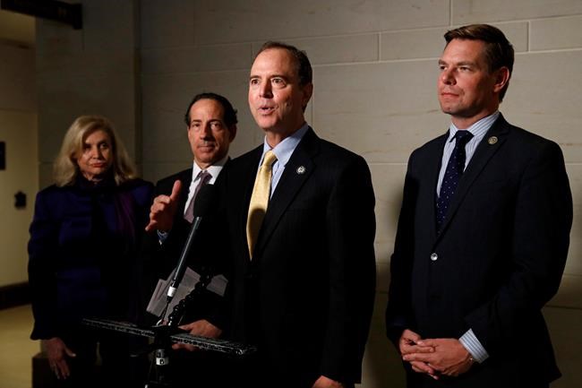 Rep. Adam Schiff, D-Calif., center, speaks with members of the media after former deputy national security adviser Charles Kupperman signaled that he would not appear as scheduled for a closed door meeting to testify as part of the House impeachment inquiry into President Donald Trump, Monday, Oct. 28, 2019, on Capitol Hill in Washington. Standing with Schiff are Carolyn Maloney, D-N.Y., from left, Rep. Jamie Raskin, D-Md., and Rep. Eric Swalwell, D-Calif. (AP Photo/Patrick Semansky)