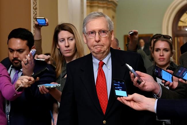 Senate Majority Leader Mitch McConnell of Ky., center, talks with reporters as he walks on Capitol Hill in Washington, Wednesday, Jan. 2, 2019, after returning from a meeting with President Donald Trump at the White House. (AP Photo/Susan Walsh)