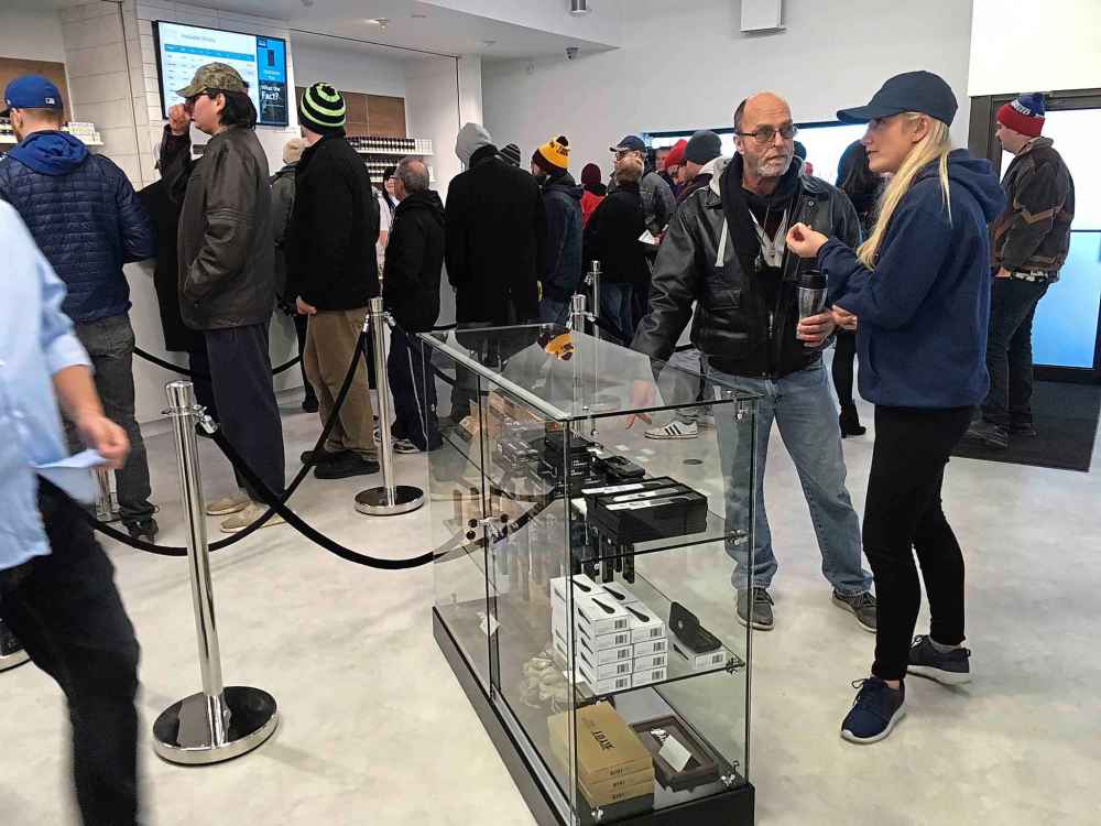 Customers inside Delta 9 on Dakota Street Wednesday, the first day cannabis became legal in Canada. (Ruth Bonneville / Winnipeg Free Press)