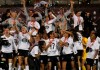 Brazil's Corinthians celebrate winning the Women's Copa Libertadores soccer tournament after their 2-0 victory over Brazil's Ferroviaria at Atahualpa Stadium in Quito, Ecuador, Monday, Oct. 28, 2019. (AP Photo/Dolores Ochoa)