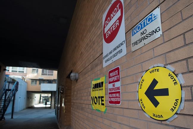 Signs point towards an advance voting poll location at the electoral district of Toronto Centre at Muriel Collins Housing Cooperative in Toronto on Friday Oct. 11, 2019. THE CANADIAN PRESS/Doug Ives