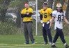 Mike Deal / Winnipeg Free Press
Winnipeg Blue Bombers Drew Willy (5) watches practice from the sideline with Robert Marve (16) at Bison Field Sunday afternoon.