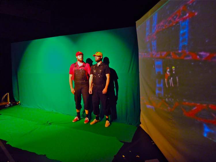 Photo by Arlo C. Bates
Cody Creed, left, and Daryl Nichol combine live theatre with retro video games in Jumpman Bros. Enter 8-bit Underland.