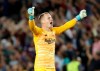 FILE - In this Wednesday, Oct. 2, 2019 file photo,Barcelona's goalkeeper Marc-Andre ter Stegen celebrates Luis Suarez second goal during a group F Champions League soccer match between F.C. Barcelona and Inter Milan at the Camp Nou stadium in Barcelona, Spain. Germany's coach Joachim Loew said on Friday that Barcelona goalkeeper Marc-Andre ter Stegen will play for the friendly against Argentina in Dortmund next Wednesday. (AP Photo/Joan Monfort, file)