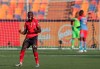 DR Congo's Chancel Mangulu Mbemba celebrates his team's second goal the African Cup of Nations group A soccer match between DR Congo and Uganda at Cairo International Stadium in Cairo, Egypt, Saturday, June 22, 2019. (AP Photo/Hassan Ammar)
