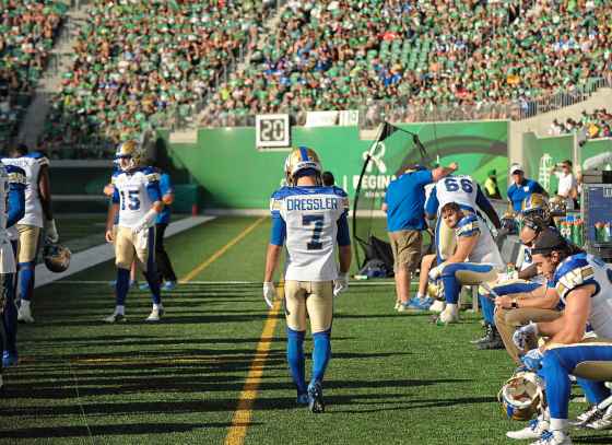 THE CANADIAN PRESS/Mark TaylorA dejected Weston Dressler walks along the Winnipeg Blue Bombers bench near the end of second half CFL football action against the Saskatchewan Roughriders, in Regina on Sunday.