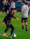 Chile's Alexis Sanchez controls a soccer ball during a training session in Santiago, Chile, Monday, June 3, 2019, ahead of the Copa America in neighboring Brazil. (AP Photo/Esteban Felix)