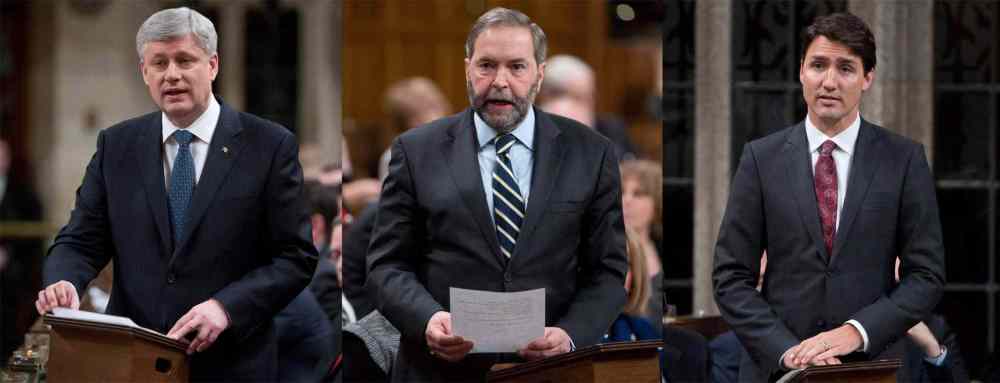 Canadian Prime Minister Stephen Harper, NDP leader Tom Mulcair and Liberal leader Justin Trudeau as they rise in the House of Commons.(Adrian Wyld / The Canadian Press)