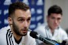 Argentina's German Pezzella, left, speaks next to teammate Rodrigo De Paul, during a press conference of the national soccer team for the Copa America soccer tournament in Salvador, Brazil, Wednesday, June 12, 2019. On Saturday, Argentina will face Colombia for the first Group B game of the South American tournament. (AP Photo/Eraldo Peres)