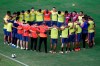Colombia's national soccer team huddles during a training session, in Pituacu stadium, Salvador, Brazil, Thursday, June 13, 2019. On Saturday, Colombia will face Argentina for the first Group B match of the Copa America. (AP Photo/Eraldo Peres)