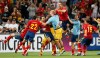 Spanish players celebrate after Cesc Fabregas, center, scored the decisive goal in the penalty shootout of the Euro 2012 soccer championship semifinal match between Spain and Portugal in Donetsk, Ukraine, Thursday, June 28, 2012. (AP Photo/Antonio Calanni)