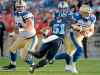 THE CANADIAN PRESS
Winnipeg Blue Bombers quarterback Matt Nichols (15) gets sacked by Toronto Argonauts linebacker Micah Awe (51) during first half CFL football action in Toronto on Thursday, August 1, 2019. THE CANADIAN PRESS/Nathan Denette