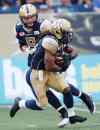 John Woods / The Canadian Press
Winnipeg Blue Bombers quarterback Drew Willy (5) hands off to Paris Cotton (34) during the first half of CFL action against the Montreal Alouettes in Winnipeg Friday, July 10, 2015. Willy would like to pile up the yards when handing off to Cotton on Saturday.
