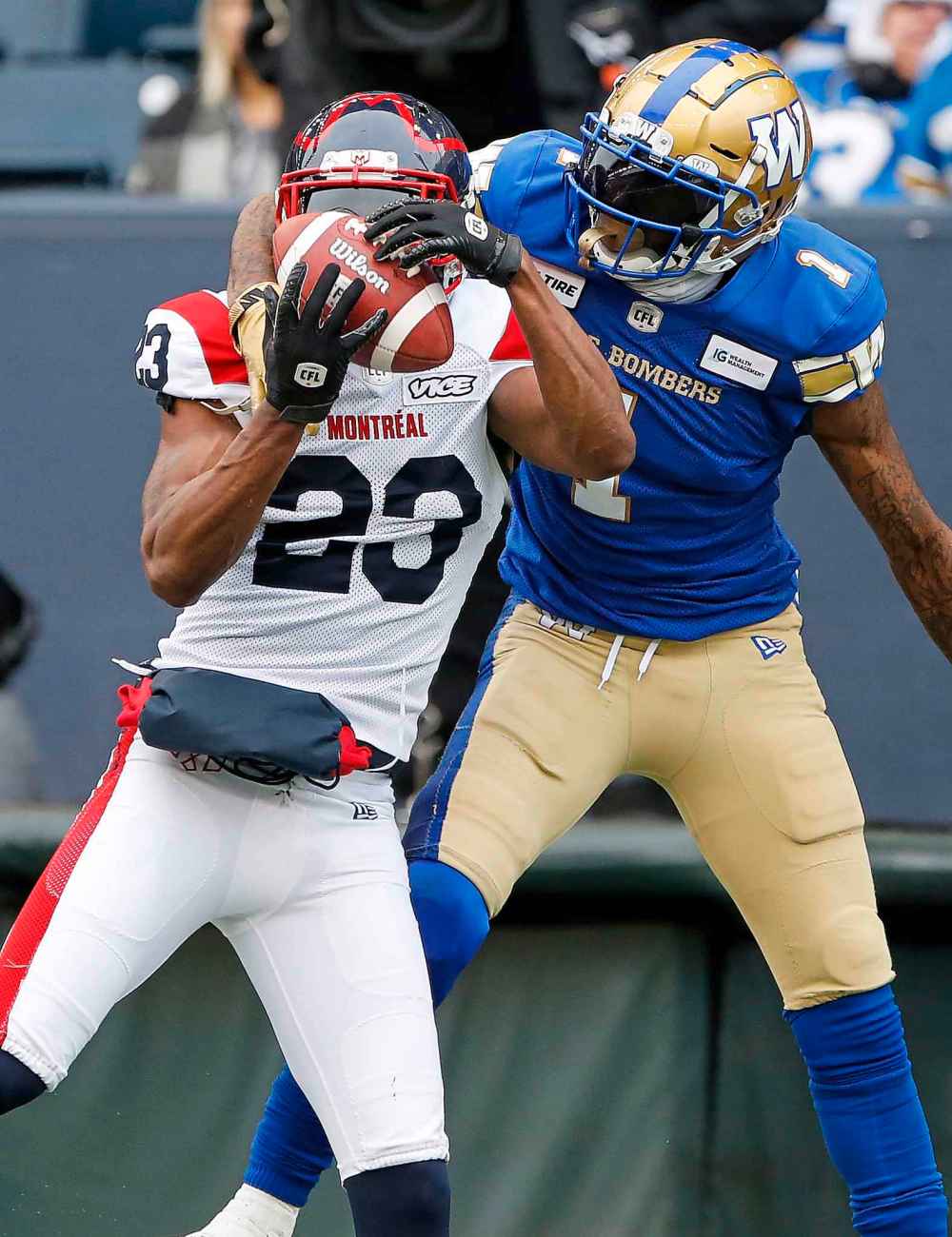 JOHN WOODS / THE CANADIAN PRESS
Montreal Alouettes' Tommie Campbell (23) intercepts the touchdown pass intended for Winnipeg Blue Bombers' Darvin Adams (1) during the first half.
