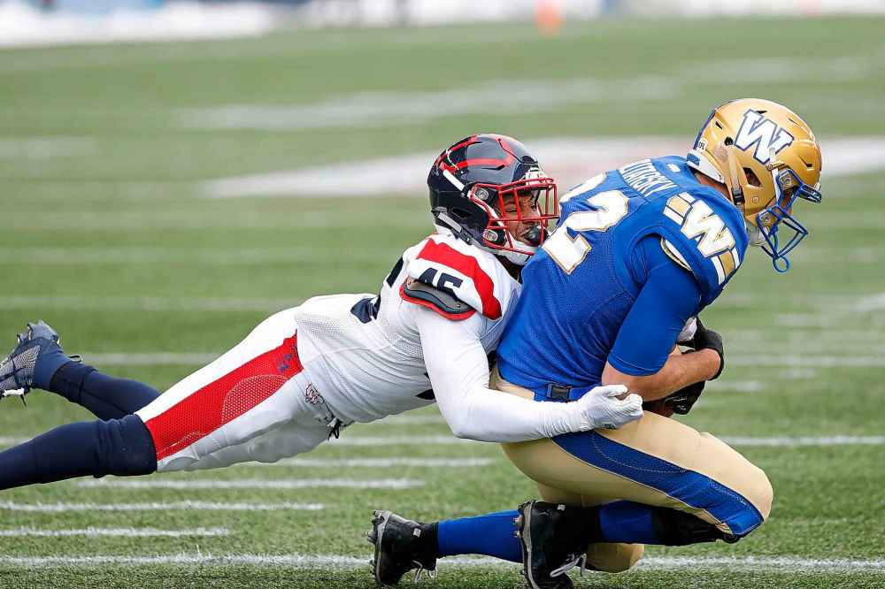 JOHN WOODS / THE CANADIAN PRESS
Montreal Alouettes' Najee Murray (45) can't stop Winnipeg Blue Bombers' Drew Wolitarsky (82) from catching the touchdown pass during the first half.