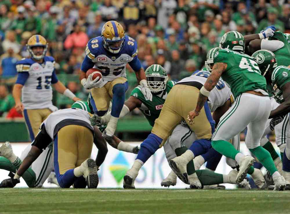 CP
Winnipeg Blue Bombers running back Andrew Harris (33) splits a seam during Labour Day CFL action against the Saskatchewan Roughriders in Regina on Sunday, September 4, 2016. THE CANADIAN PRESS/Mark Taylor