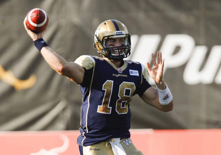 Aaron Lynett / The Canadian Press
Winnipeg quarterback Justin Goltz throws a pass during first-quarter pre-season action against the Tiger-Cats in Guelph, Ont. Goltz was intercepted twice in one half of work.
