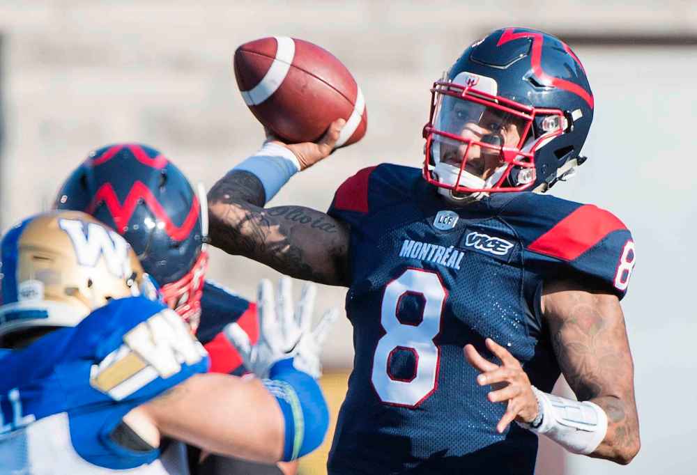 Montreal Alouettes quarterback Vernon Adams Jr. throws a pass during first half CFL football action against the Winnipeg Blue Bombers, in Montreal, Saturday, Sept. 21, 2019. THE CANADIAN PRESS/Graham Hughes
