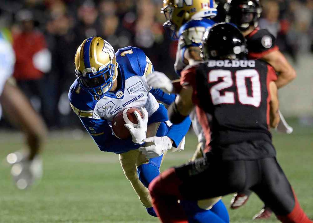 THE CANADIAN PRESS/Adrian Wyld
Winnipeg Blue Bombers wide receiver Darvin Adams runs in a touchdown during first half.