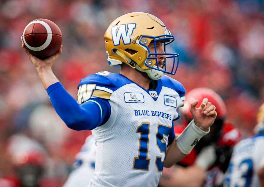 Winnipeg Blue Bombers quarterback Matt Nichols throws the ball during second half CFL football action against the Winnipeg Blue Bombers in Calgary, Saturday, Aug. 25, 2018.THE CANADIAN PRESS/Jeff McIntosh