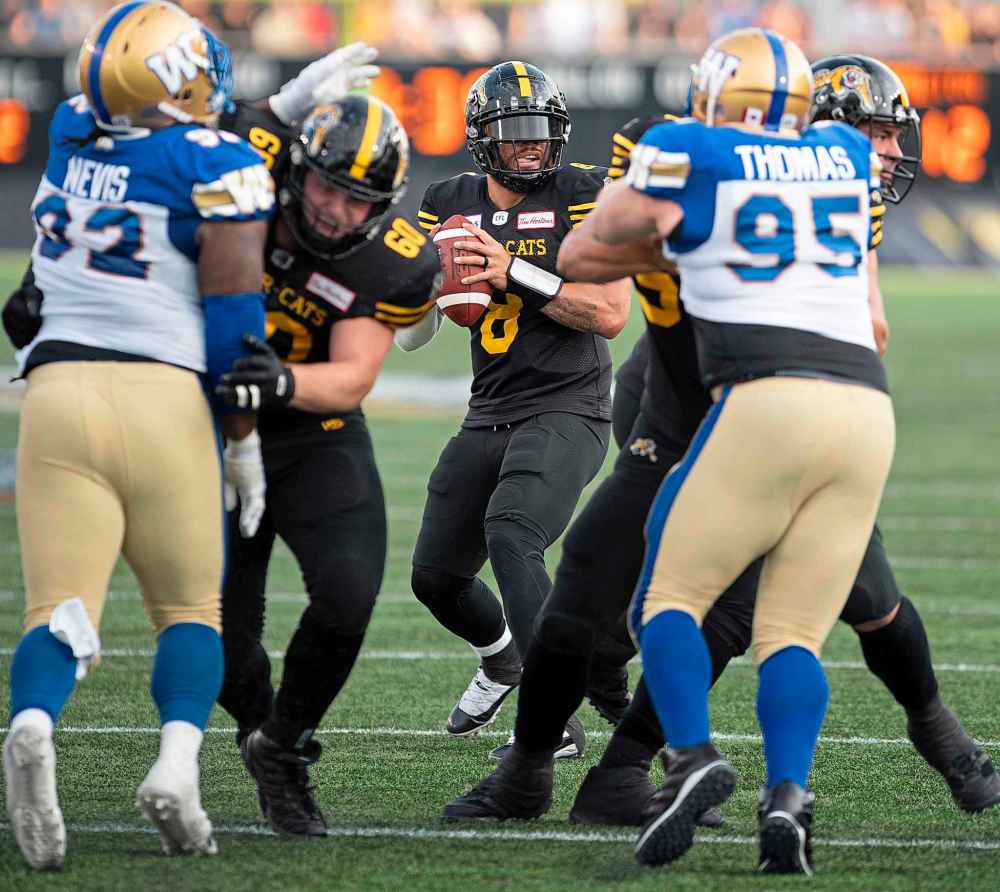 PETER POWER / THE CANADIAN PRESS
Hamilton Tiger-Cats quarterback Jeremiah Masoli (8) prepares to throw his first TD pass during first half.