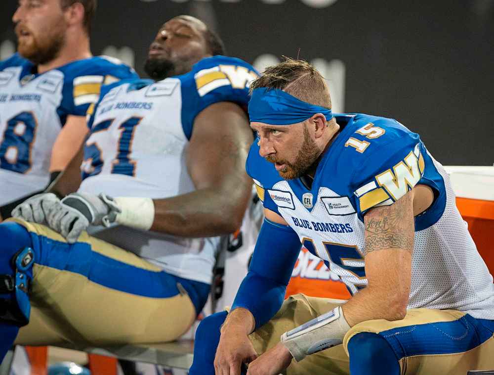 PETER POWER / THE CANADIAN PRESS
Winnipeg Blue Bombers quarterback Matt Nichols (15) on the bench after his final possession during second half.