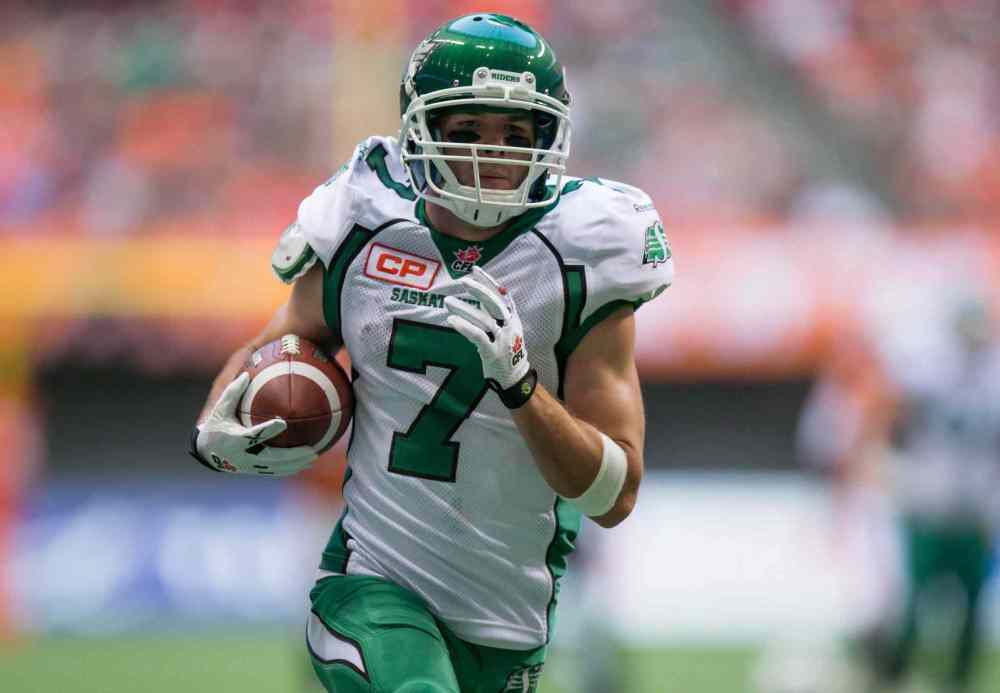 THE CANADIAN PRESS/Darryl Dyck
Saskatchewan Roughriders' Weston Dressler scores a touchdown against the B.C. Lions during the first half of a CFL football game in Vancouver, B.C., on Friday July 10, 2015. The Blue Bombers signed veteran slotback Weston Dressler on Tuesday.