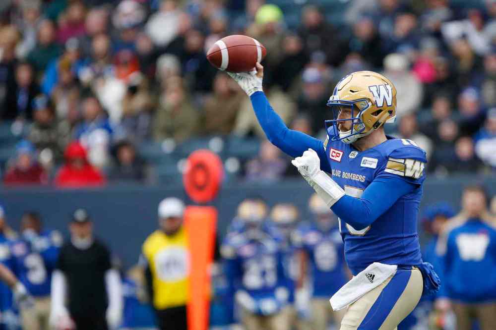 /John Woods / THE CANADIAN PRESS files
Winnipeg Blue Bombers  quarterback Matt Nichols (15) throws against the BC Lions during the first half of CFL action in Winnipeg Saturday, October 28, 2017.
