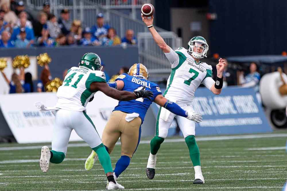 JOHN WOODS / THE CANADIAN PRESS
Saskatchewan Roughriders quarterback Cody Fajardo (7) gets pressure from Winnipeg Blue Bombers' Adam Bighill (4) as he throws during the first half of CFL action in Winnipeg Saturday, September 7, 2019.