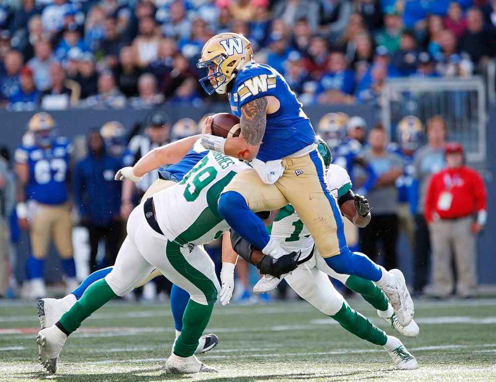 JOHN WOODS / THE CANADIAN PRESS
Winnipeg Blue Bombers quarterback Chris Streveler (17) gets set to throw against the Saskatchewan Roughriders during the second half of CFL action in Winnipeg Saturday, September 7, 2019.