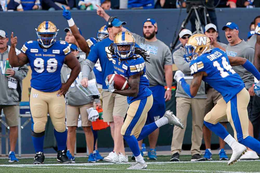 JOHN WOODS / THE CANADIAN PRESS
Winnipeg Blue Bombers' Janarion Grant (80) returns the kick for the touchdown against the Saskatchewan Roughriders during the first half of CFL action in Winnipeg Saturday, September 7, 2019.