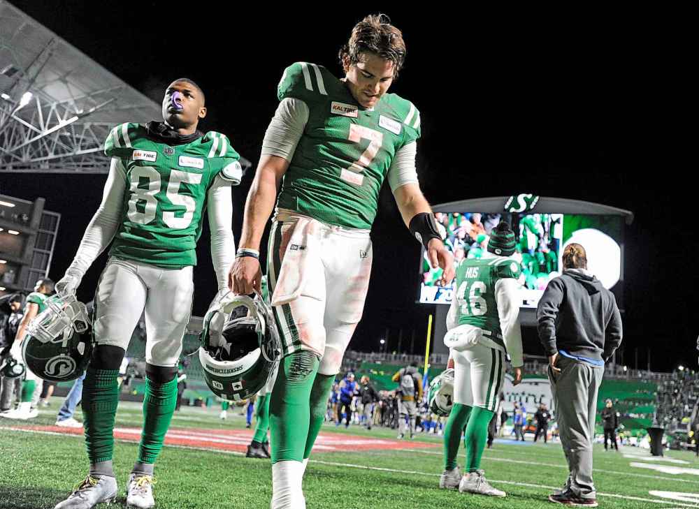 JEFF MCINTOSH / THE CANADIAN PRESS
Saskatchewan Roughriders quarterback Cody Fajardo leaves the field after losing to the Winnipeg Blue Bombers in the CFL West Division final.