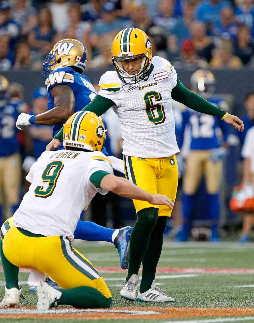 JOHN WOODS / THE CANADIAN PRESS FILES
Had it not been for a 75-yard touchdown to Tevaun Smith with just over a minute remaining, Edmonton kicker Sean Whyte would have been responsible for every point the Eskimos have scored against the Bombers in eight quarters.