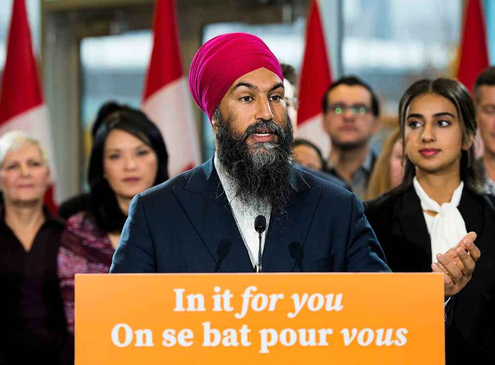 CP
NDP leader Jagmeet Singh speaks to the media during a campaign stop in Vancouver, B.C., on Sunday, October 20, 2019. Nathan Denette / The Canadian Press
