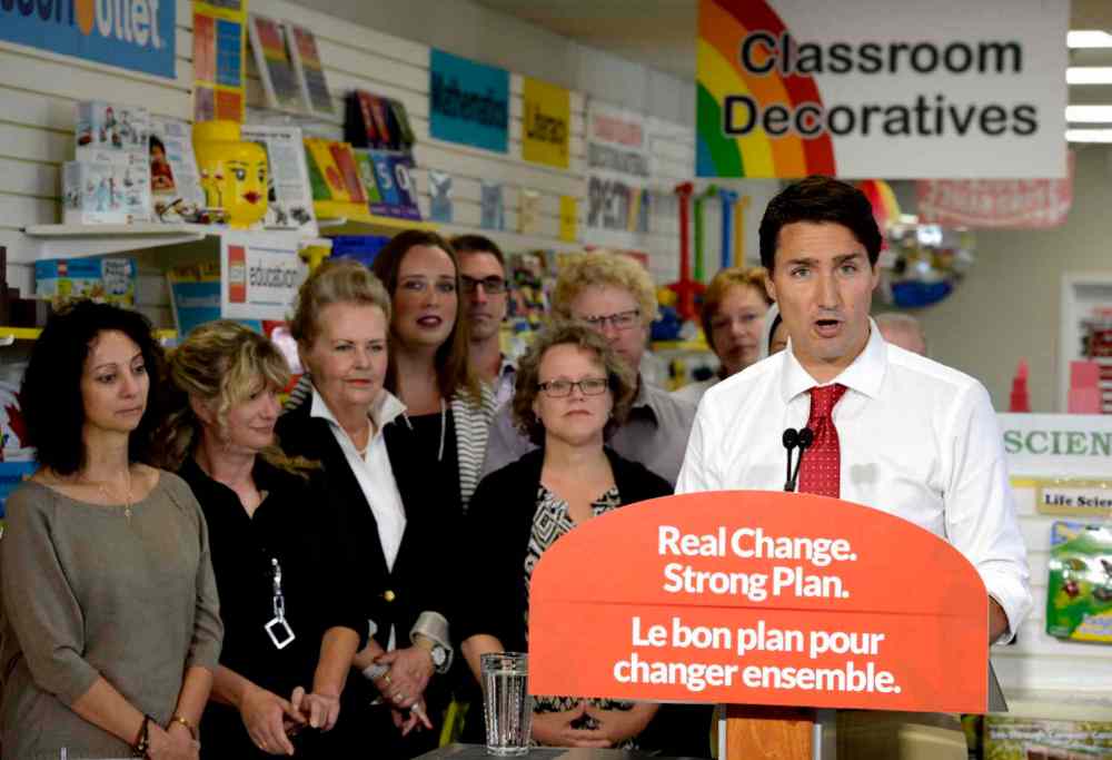 Paul Chiasson / The Canadian Press
Liberal Leader Justin Trudeau speaks to supporters during his campaign stop in Newmarket, Ont., this morning.